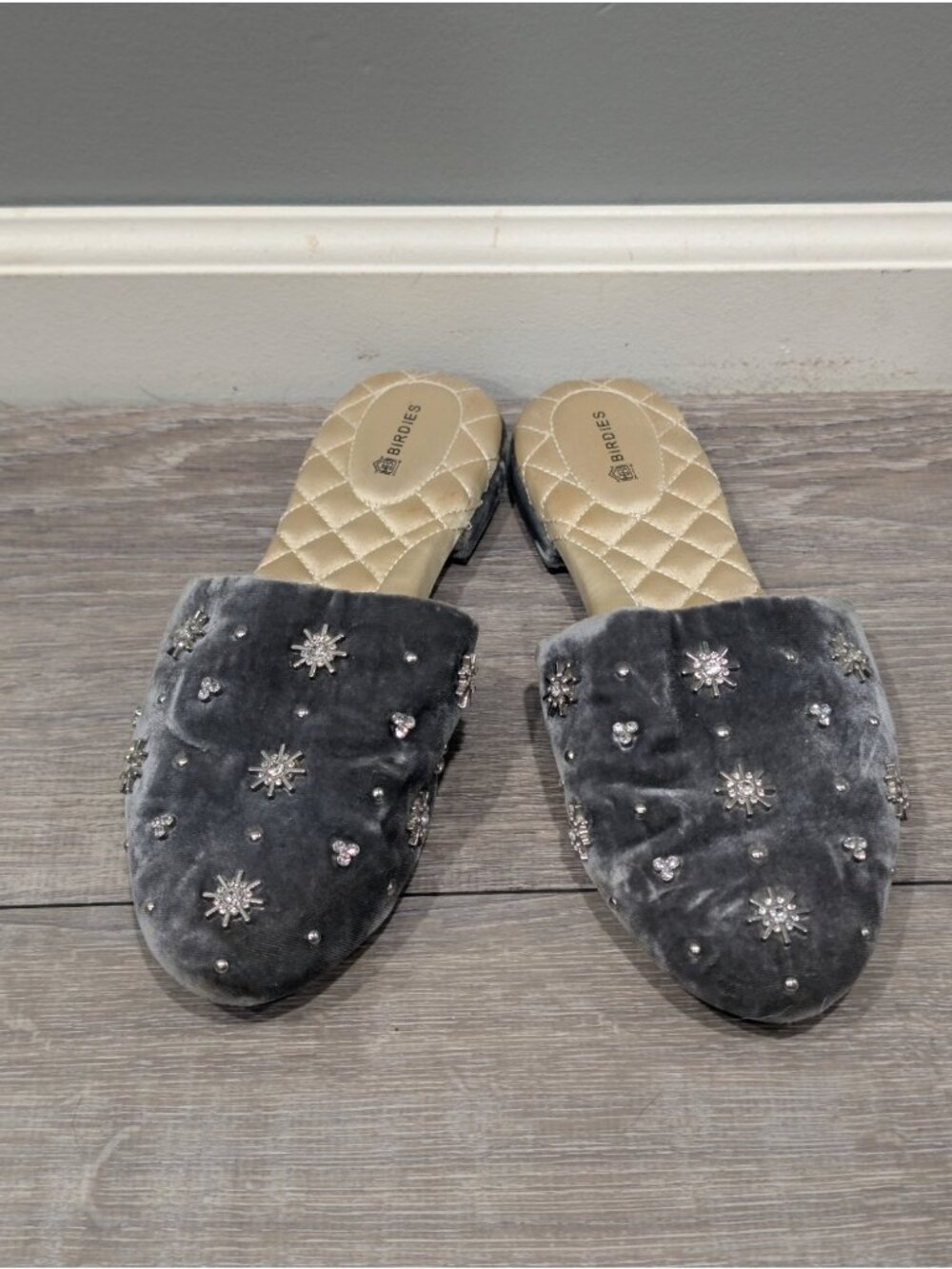 Birdies The Swanbird Mule Gray Velvet Slipper Flats Women Sz 8 Crystal Starburst